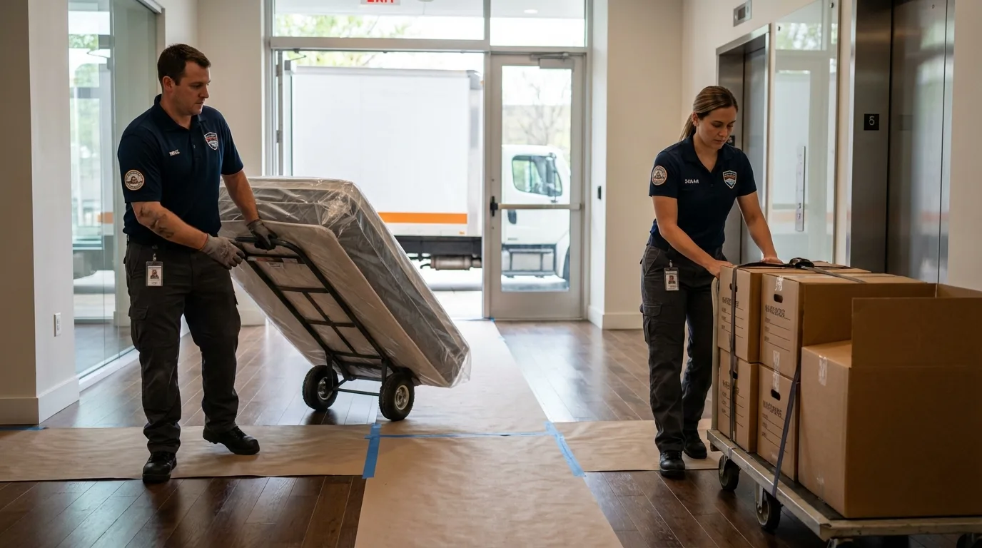 Professional apartment movers loading elevator in Thomaston, GA