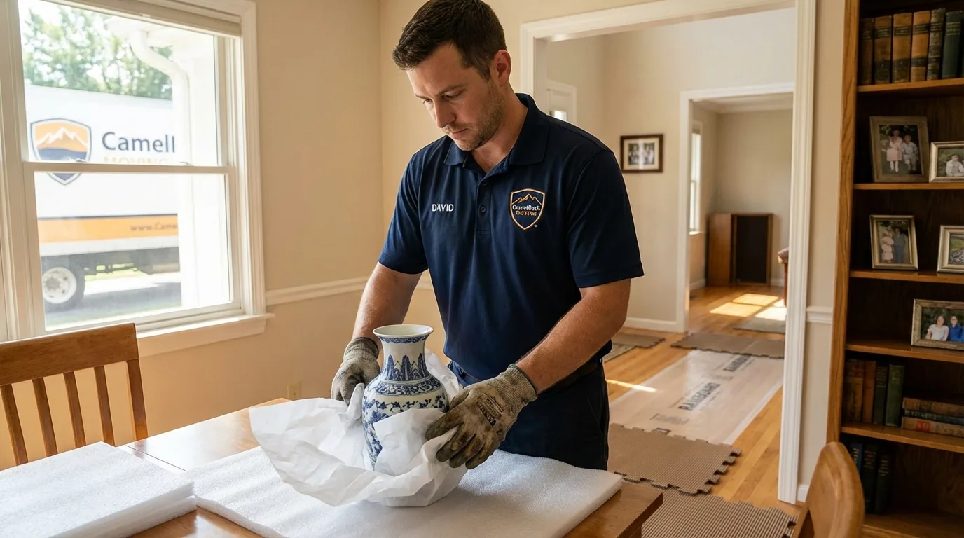 Professional crew carefully wrapping antique vase for senior downsizing move in Thomaston, GA